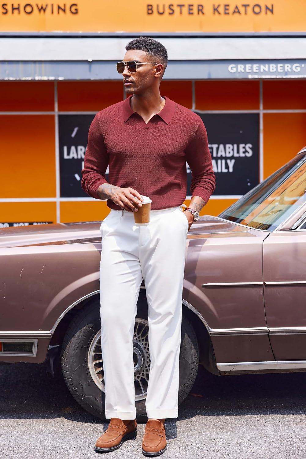 imageCOOFANDY Mens Knit Polo Sweater VNeck Long Sleeve Textured Lightweight Casual Dress Pullover Fall SweatersWine Red