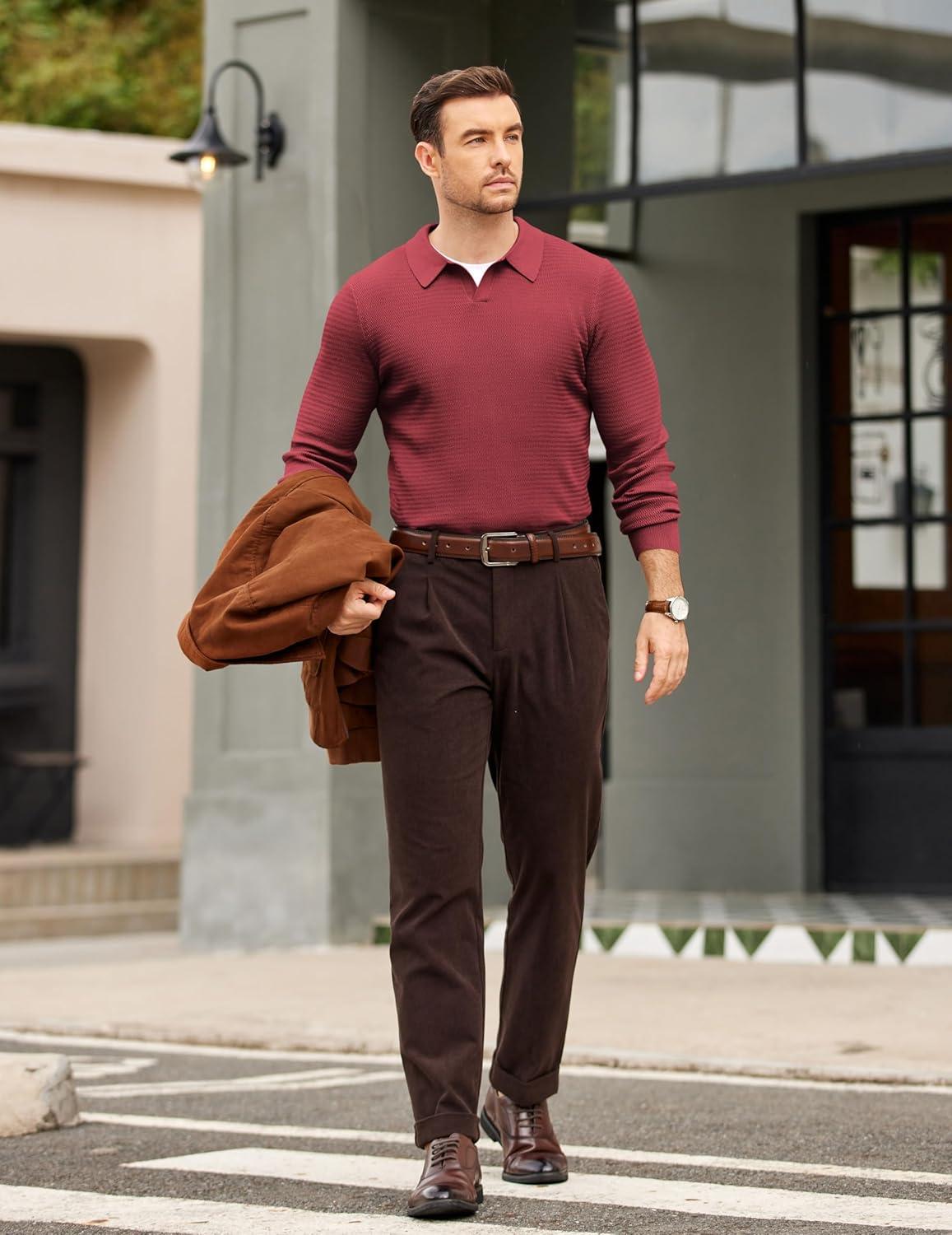 imageCOOFANDY Mens Knit Polo Sweater VNeck Long Sleeve Textured Lightweight Casual Dress Pullover Fall SweatersWine Red