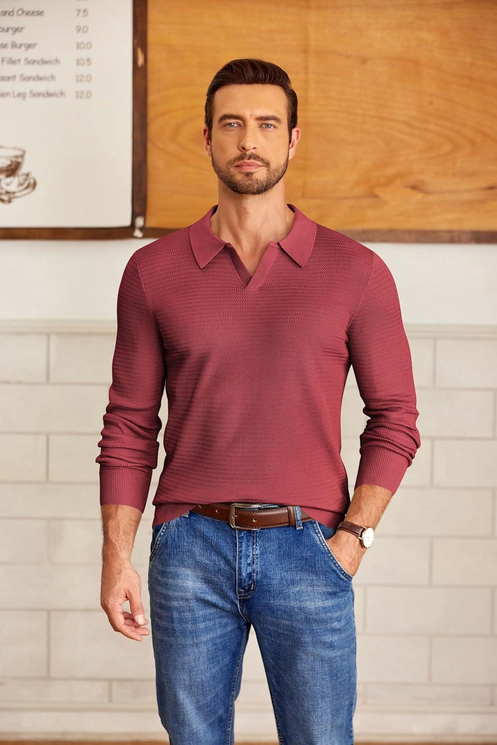 imageCOOFANDY Mens Knit Polo Sweater VNeck Long Sleeve Textured Lightweight Casual Dress Pullover Fall SweatersWine Red