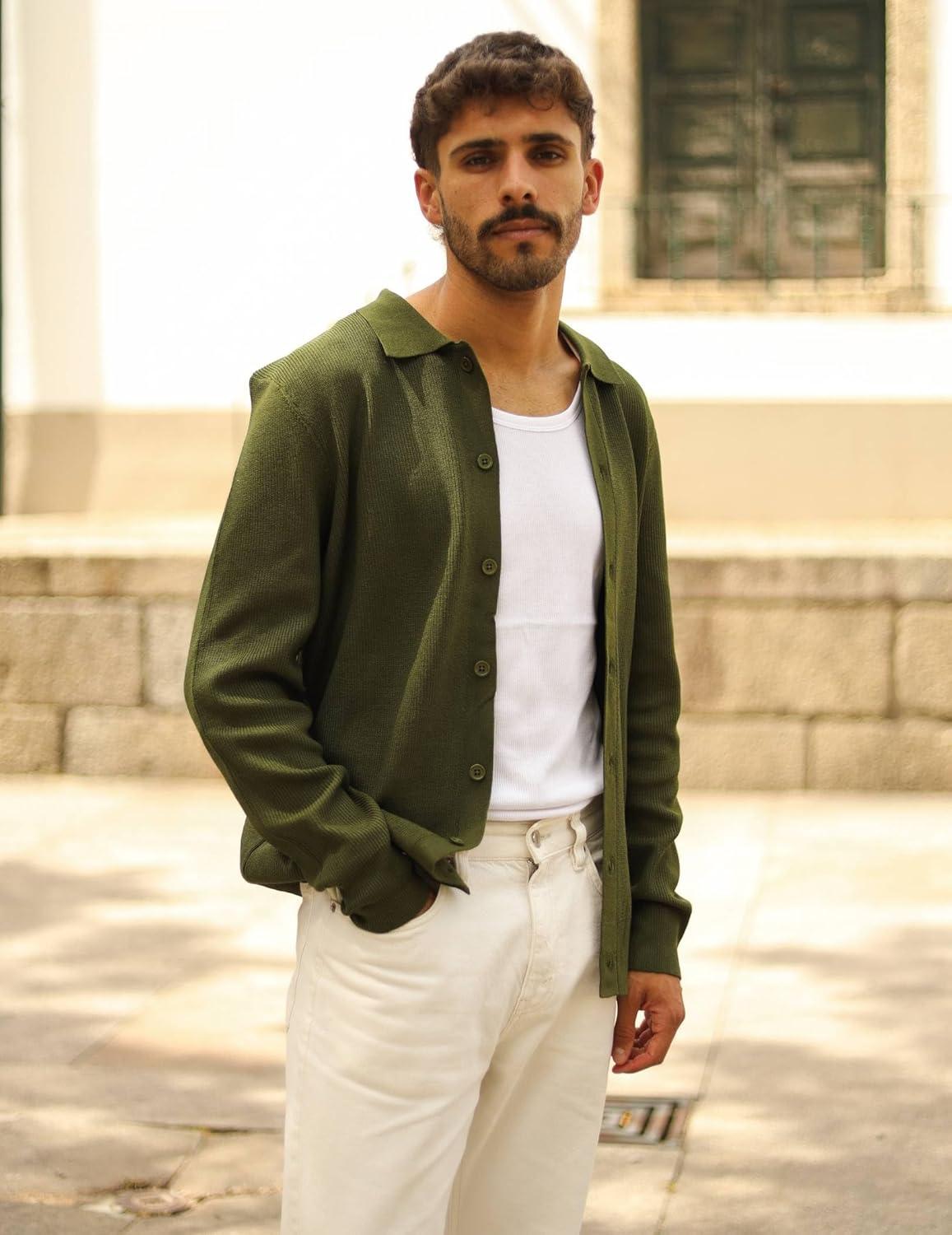 imageCOOFANDY Mens Knit Pullover Sweater Long Sleeve Casual Sweater Open Front Ribbed SweaterArmy Green