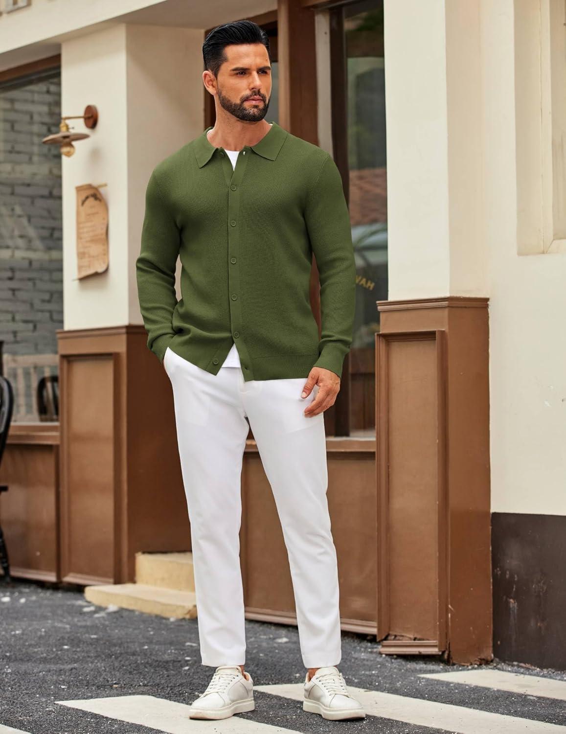 imageCOOFANDY Mens Knit Pullover Sweater Long Sleeve Casual Sweater Open Front Ribbed SweaterArmy Green