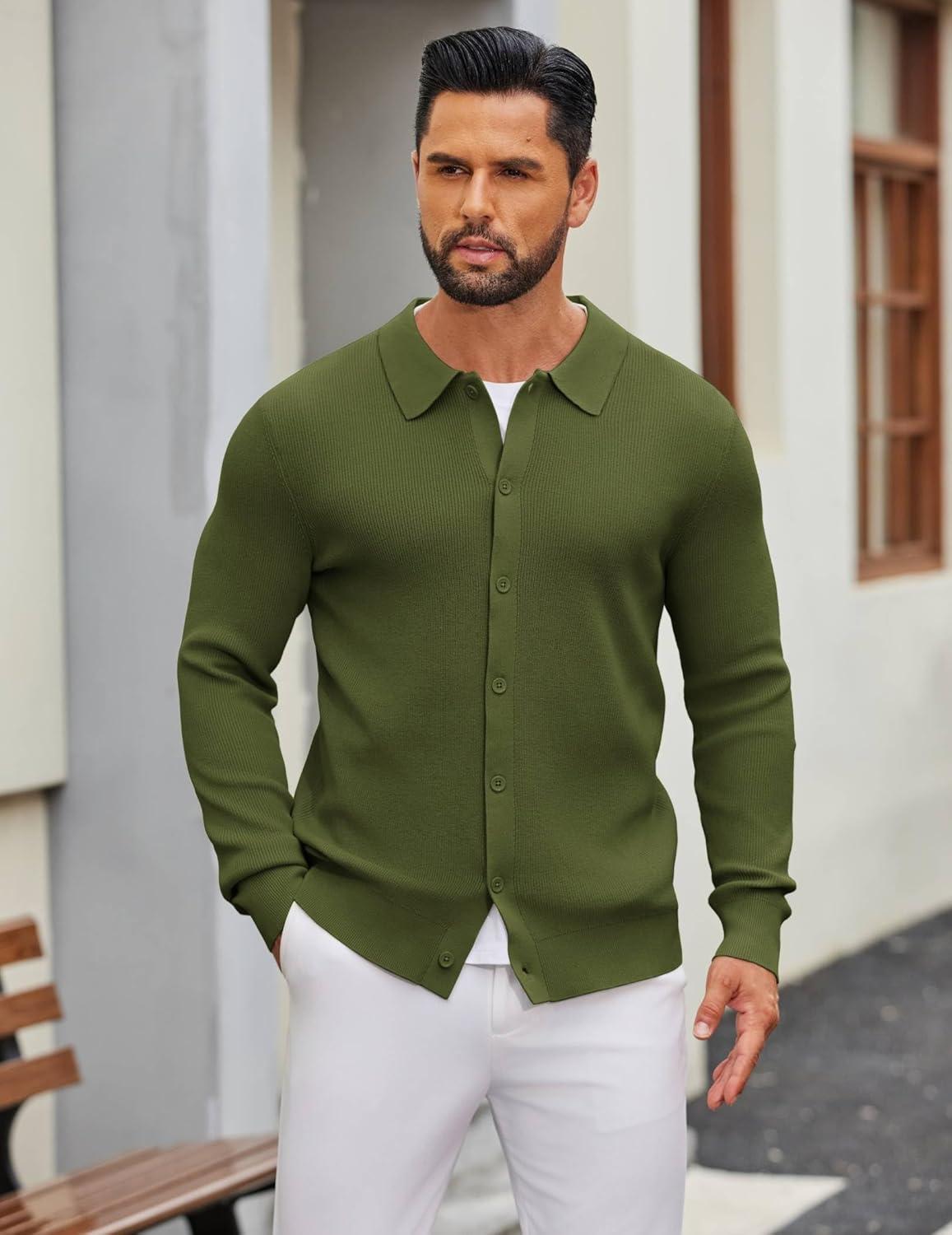 imageCOOFANDY Mens Knit Pullover Sweater Long Sleeve Casual Sweater Open Front Ribbed SweaterArmy Green
