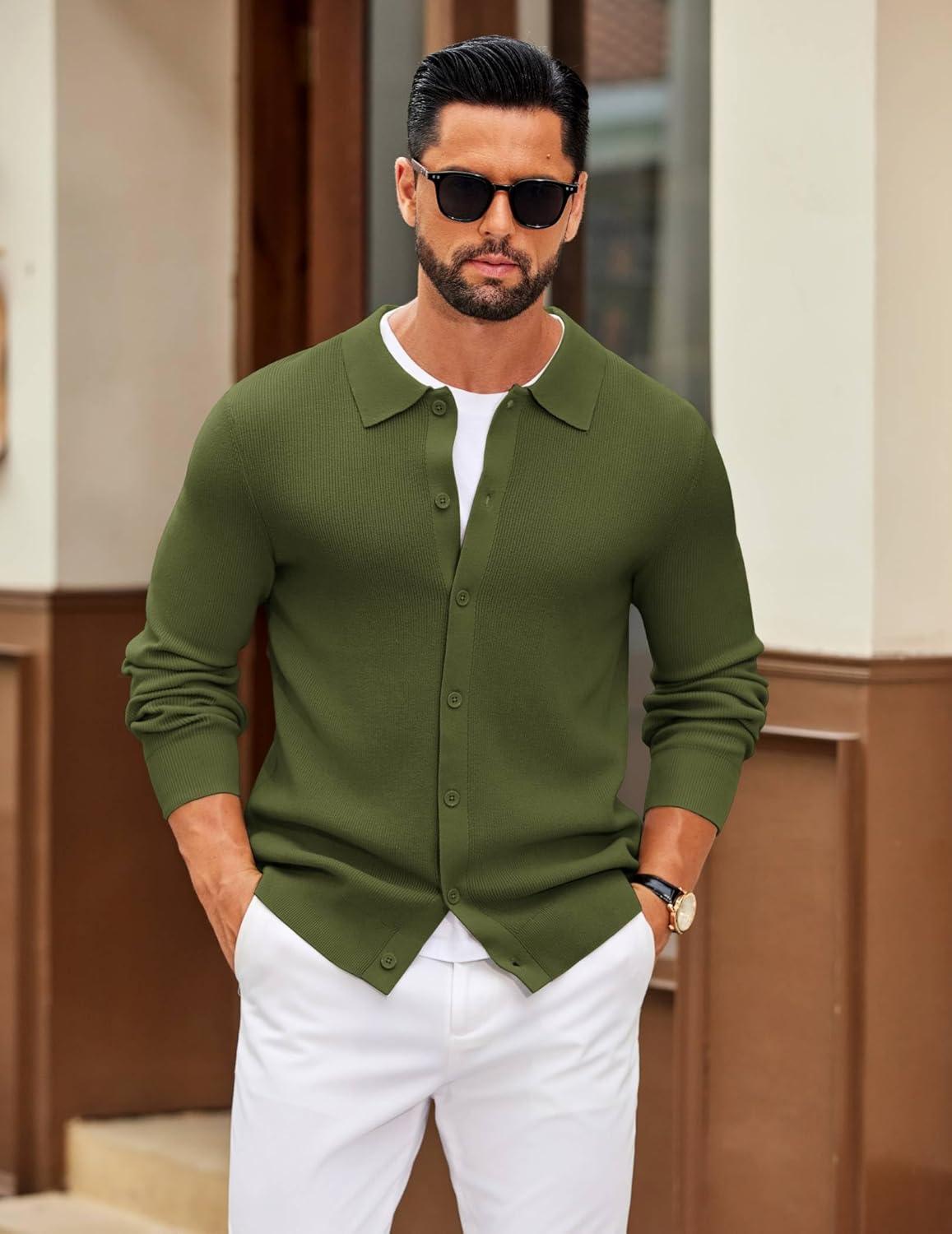 imageCOOFANDY Mens Knit Pullover Sweater Long Sleeve Casual Sweater Open Front Ribbed SweaterArmy Green
