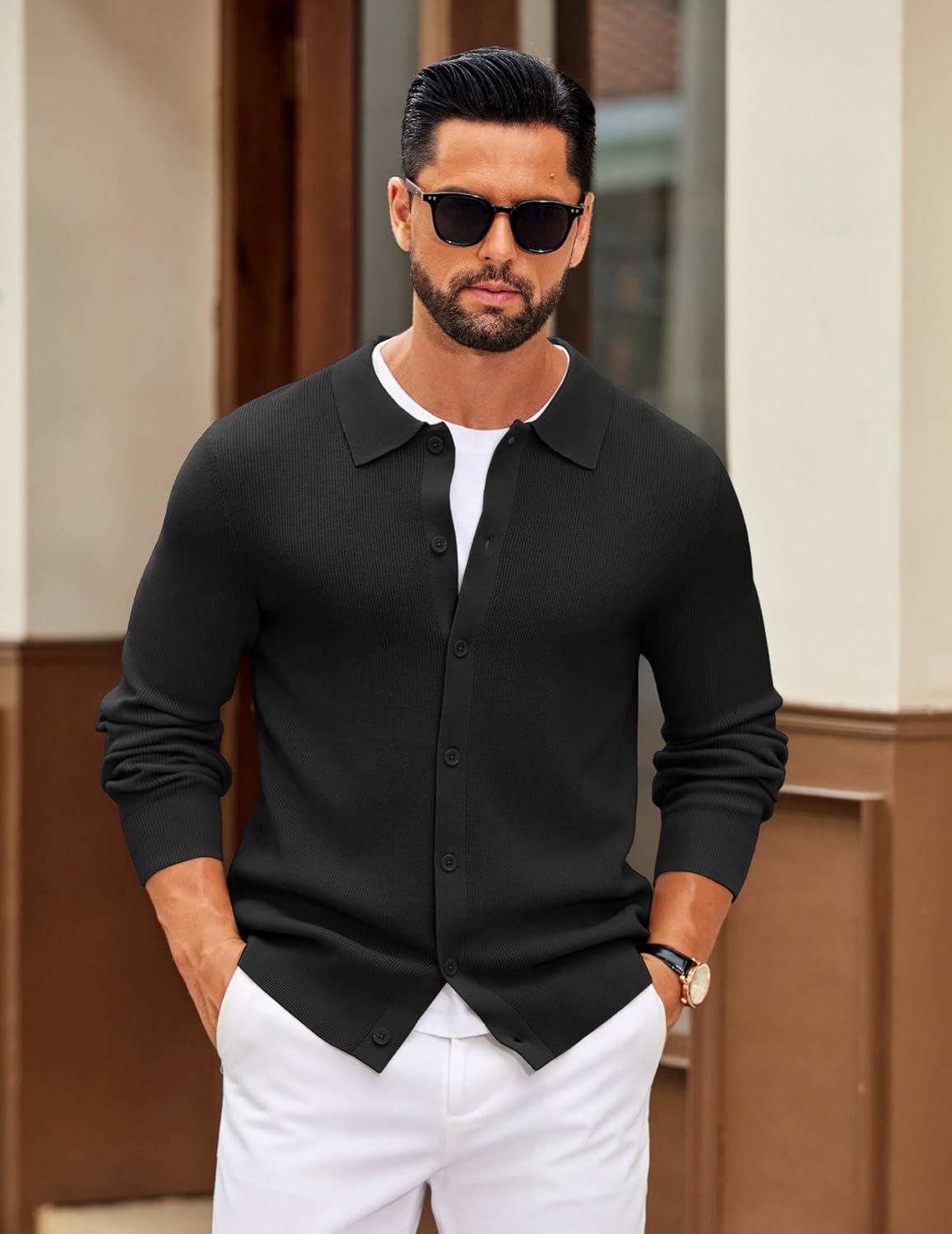 imageCOOFANDY Mens Knit Pullover Sweater Long Sleeve Casual Sweater Open Front Ribbed SweaterBlack