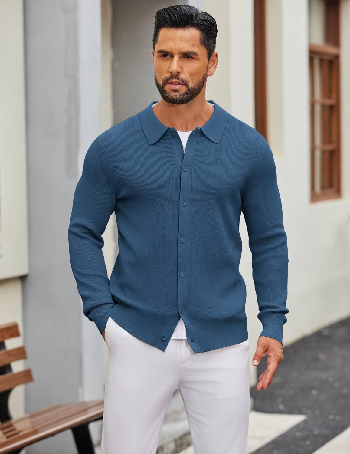 imageCOOFANDY Mens Knit Pullover Sweater Long Sleeve Casual Sweater Open Front Ribbed SweaterBlue