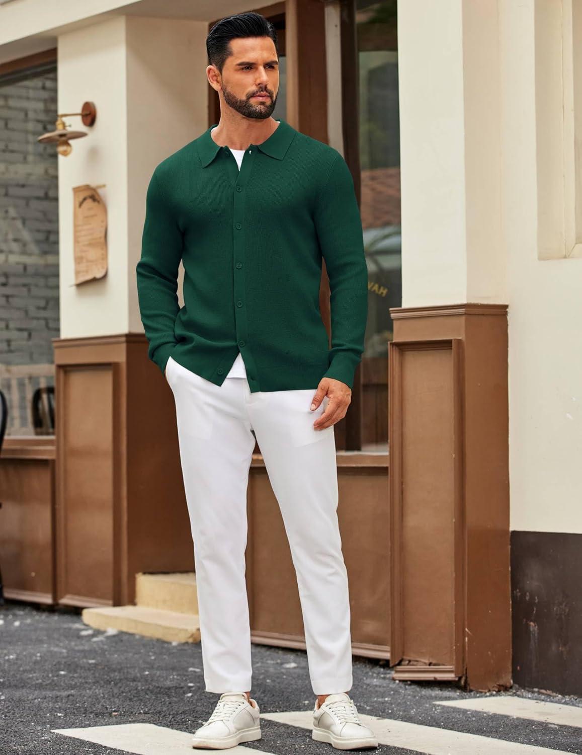 imageCOOFANDY Mens Knit Pullover Sweater Long Sleeve Casual Sweater Open Front Ribbed SweaterDark Green