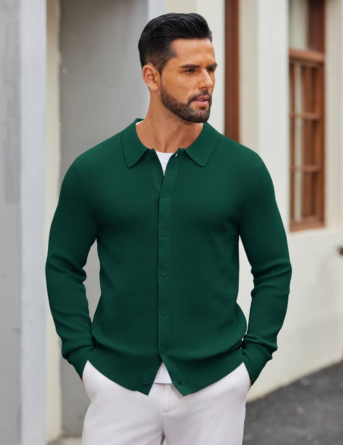 imageCOOFANDY Mens Knit Pullover Sweater Long Sleeve Casual Sweater Open Front Ribbed SweaterDark Green