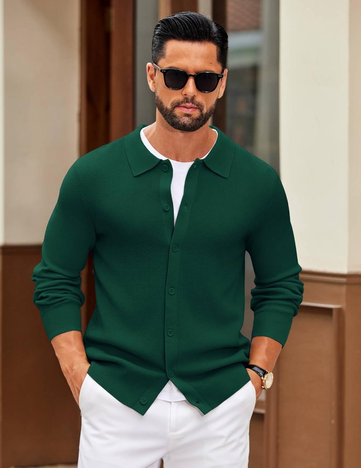 imageCOOFANDY Mens Knit Pullover Sweater Long Sleeve Casual Sweater Open Front Ribbed SweaterDark Green