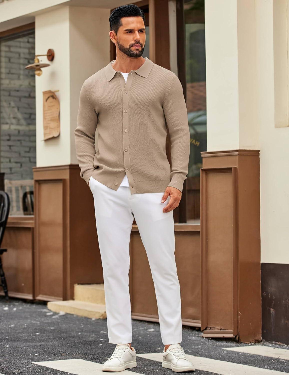 imageCOOFANDY Mens Knit Pullover Sweater Long Sleeve Casual Sweater Open Front Ribbed SweaterDark Khaki