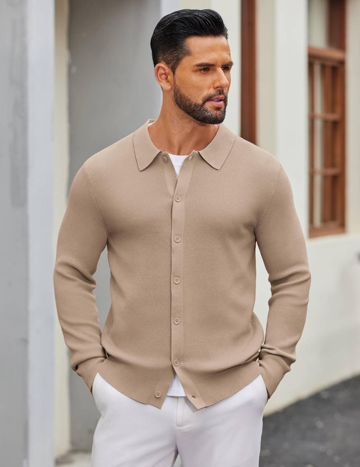 imageCOOFANDY Mens Knit Pullover Sweater Long Sleeve Casual Sweater Open Front Ribbed SweaterDark Khaki