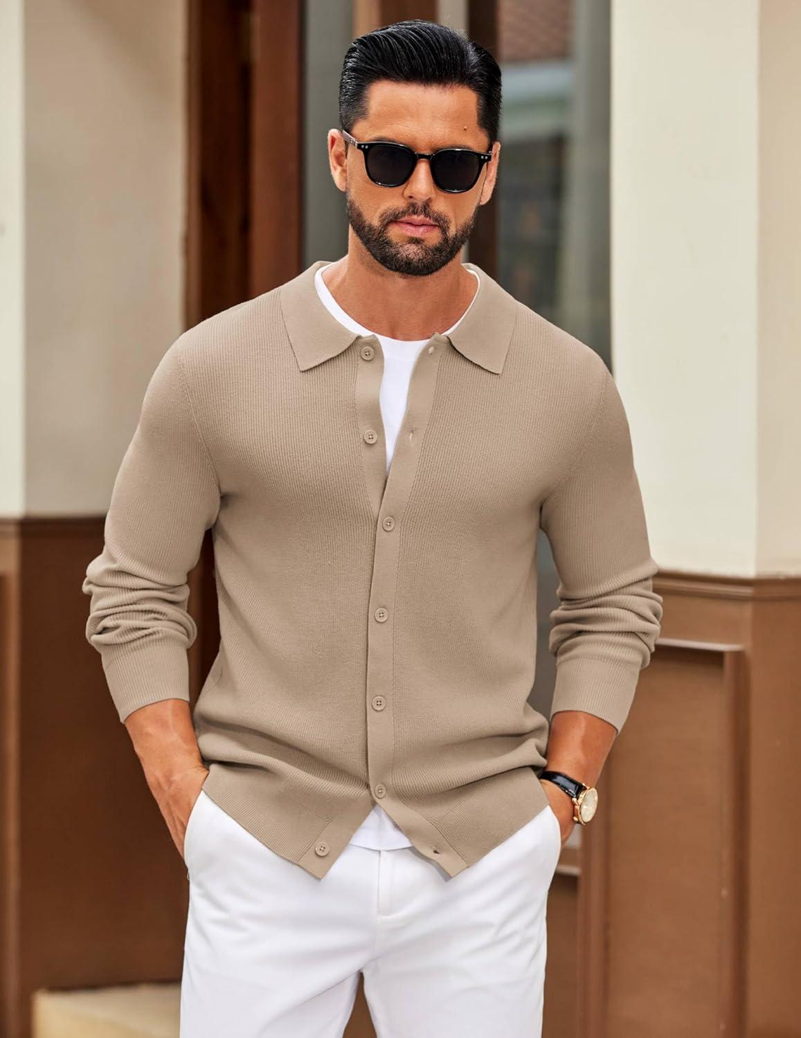 imageCOOFANDY Mens Knit Pullover Sweater Long Sleeve Casual Sweater Open Front Ribbed SweaterDark Khaki