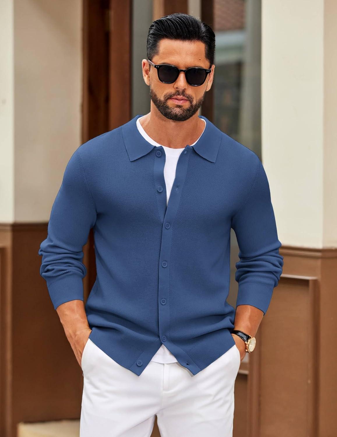 imageCOOFANDY Mens Knit Pullover Sweater Long Sleeve Casual Sweater Open Front Ribbed SweaterDenim Blue