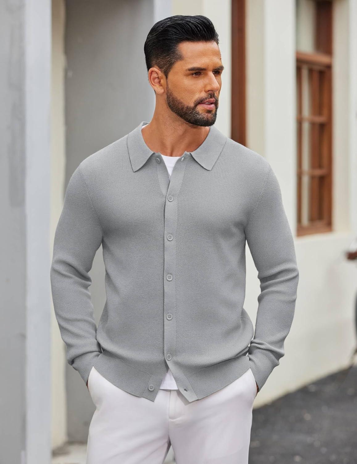 imageCOOFANDY Mens Knit Pullover Sweater Long Sleeve Casual Sweater Open Front Ribbed SweaterLight Gray