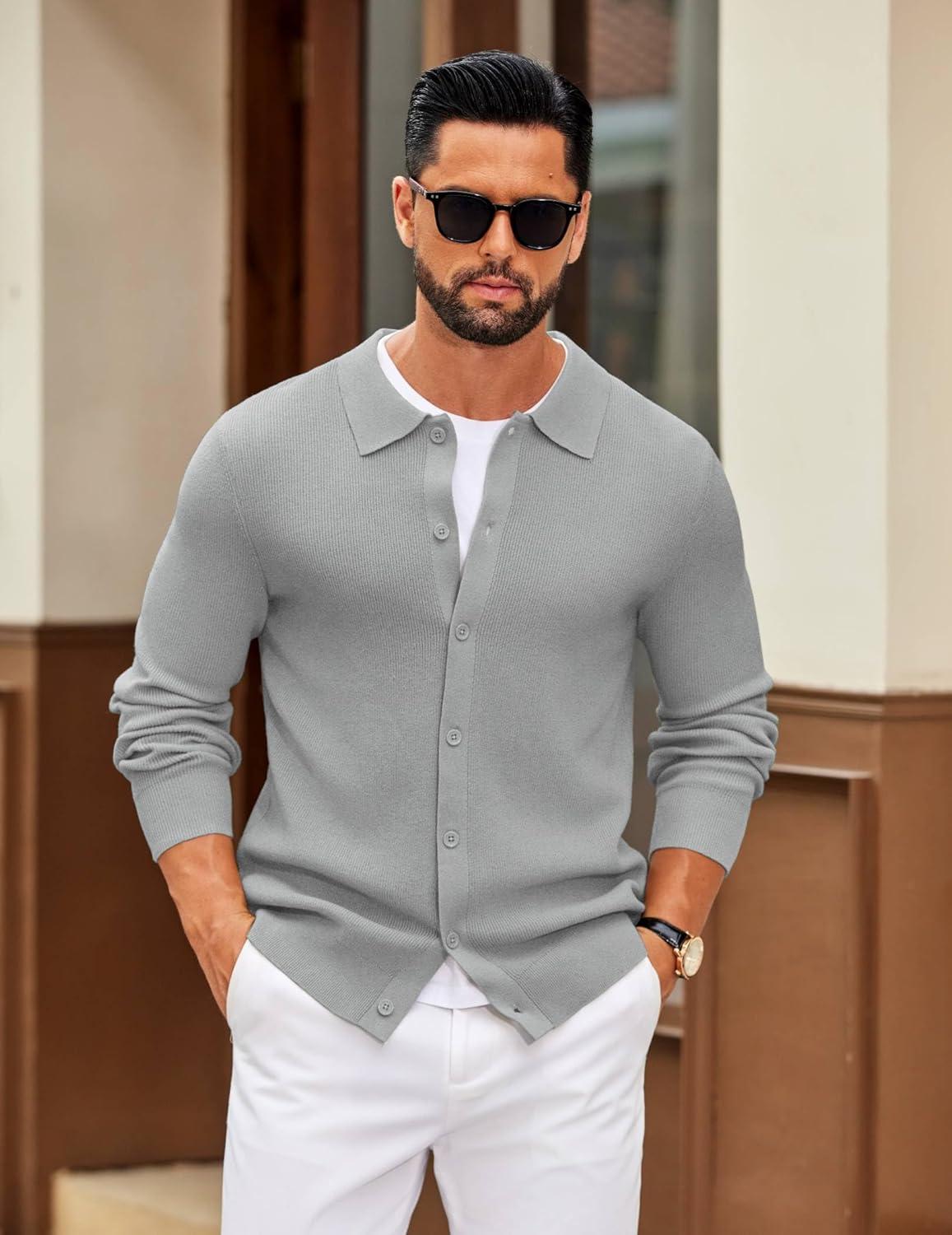 imageCOOFANDY Mens Knit Pullover Sweater Long Sleeve Casual Sweater Open Front Ribbed SweaterLight Gray