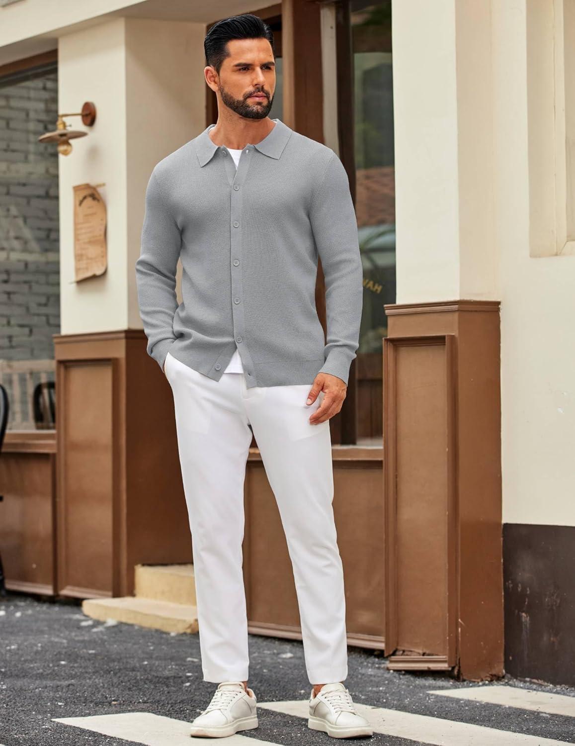 imageCOOFANDY Mens Knit Pullover Sweater Long Sleeve Casual Sweater Open Front Ribbed SweaterLight Gray