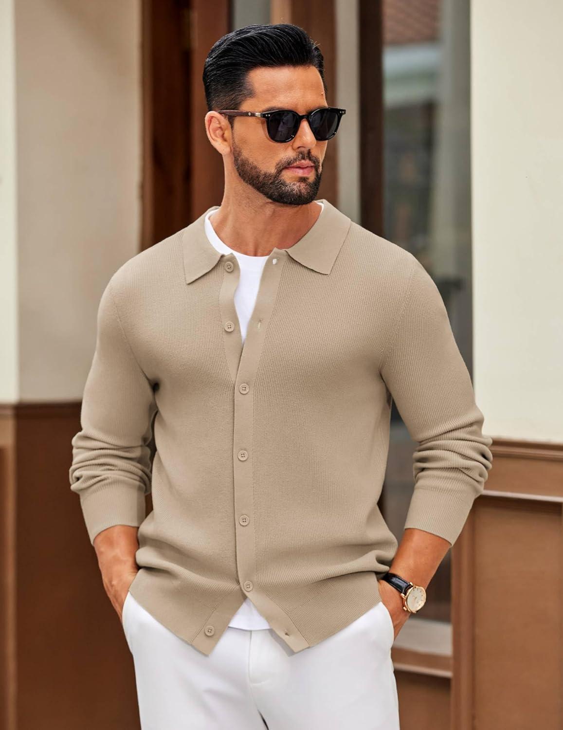 imageCOOFANDY Mens Knit Pullover Sweater Long Sleeve Casual Sweater Open Front Ribbed SweaterLight Khaki