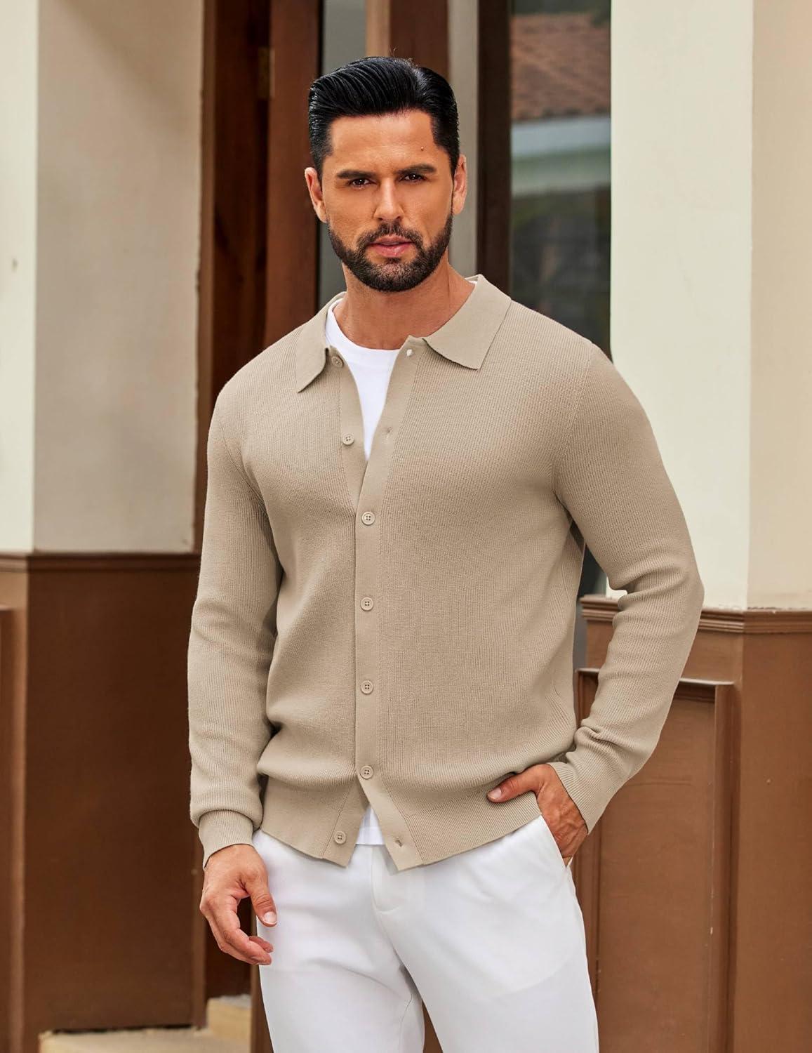 imageCOOFANDY Mens Knit Pullover Sweater Long Sleeve Casual Sweater Open Front Ribbed SweaterLight Khaki
