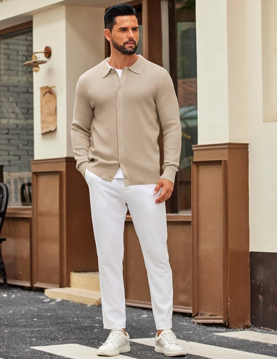 imageCOOFANDY Mens Knit Pullover Sweater Long Sleeve Casual Sweater Open Front Ribbed SweaterLight Khaki