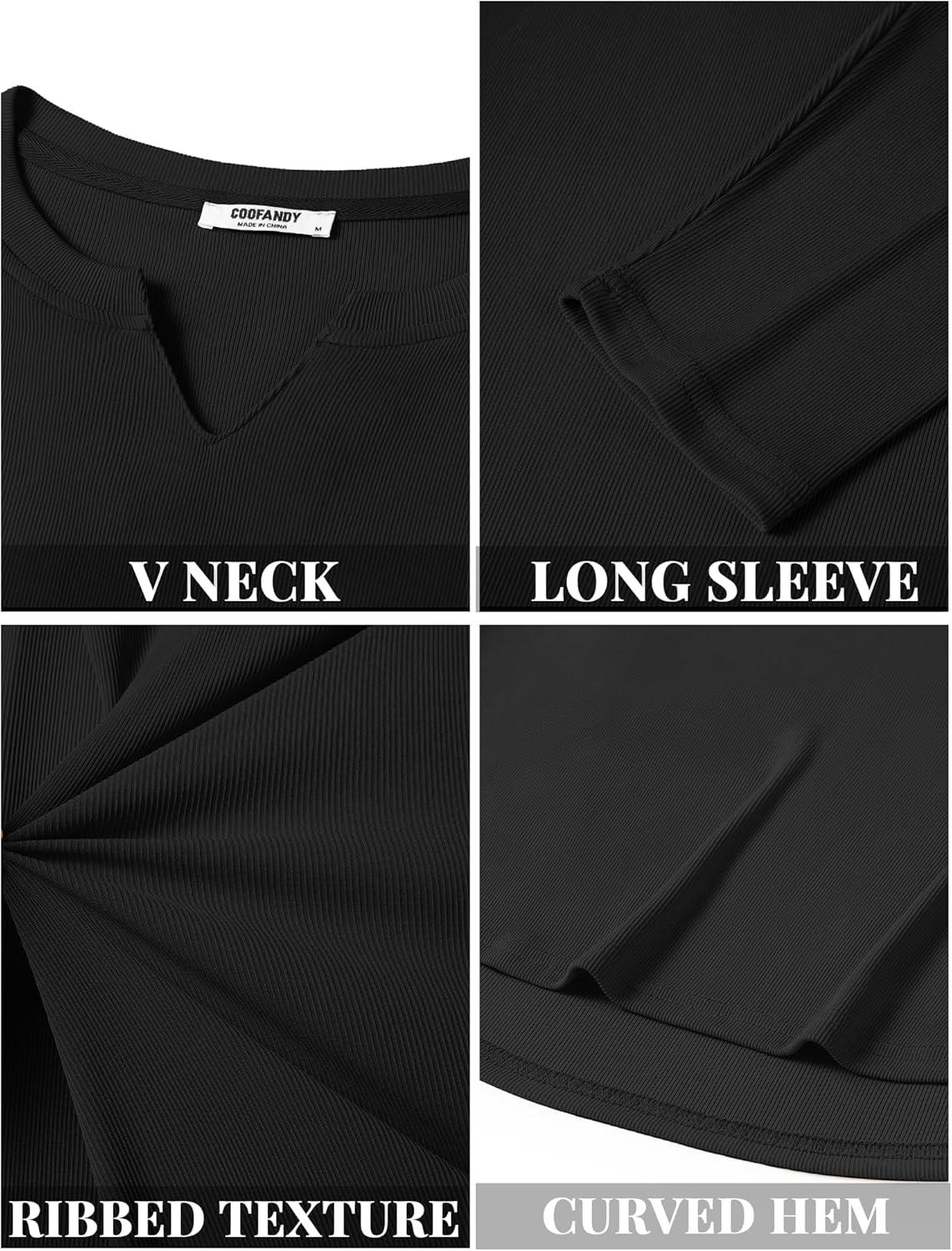imageCOOFANDY Mens Long Sleeve Muscle T Shirts Casual VNeck Slim Fit Longline Ribbed Shirts Stretch Tee ShirtsAll Black