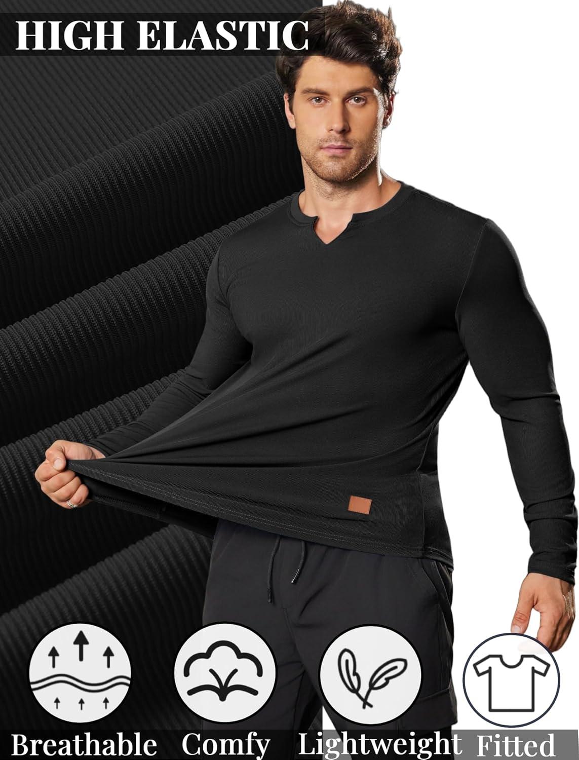 imageCOOFANDY Mens Long Sleeve Muscle T Shirts Casual VNeck Slim Fit Longline Ribbed Shirts Stretch Tee ShirtsAll Black