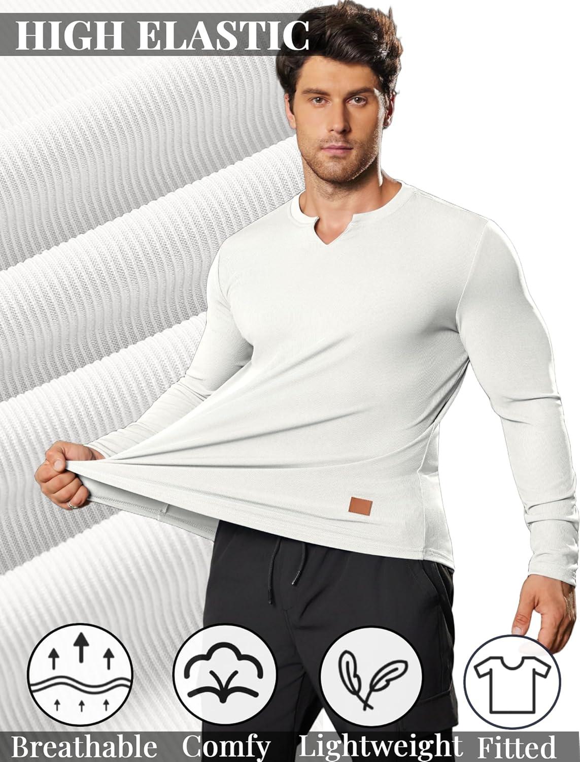 imageCOOFANDY Mens Long Sleeve Muscle T Shirts Casual VNeck Slim Fit Longline Ribbed Shirts Stretch Tee ShirtsAll White