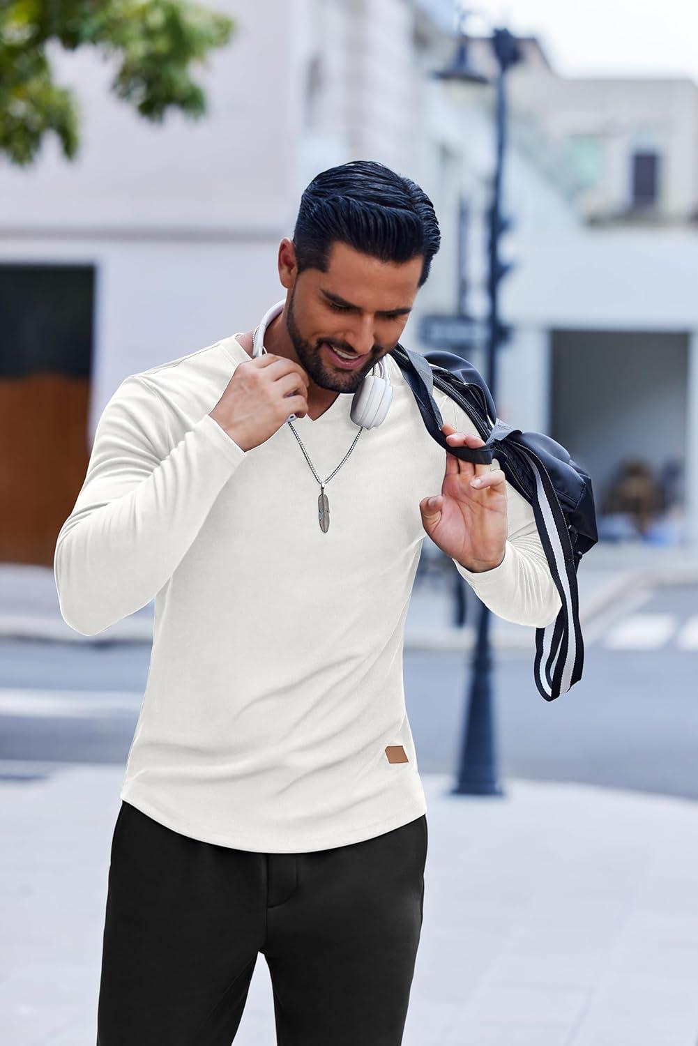 imageCOOFANDY Mens Long Sleeve Muscle T Shirts Casual VNeck Slim Fit Longline Ribbed Shirts Stretch Tee ShirtsAll White