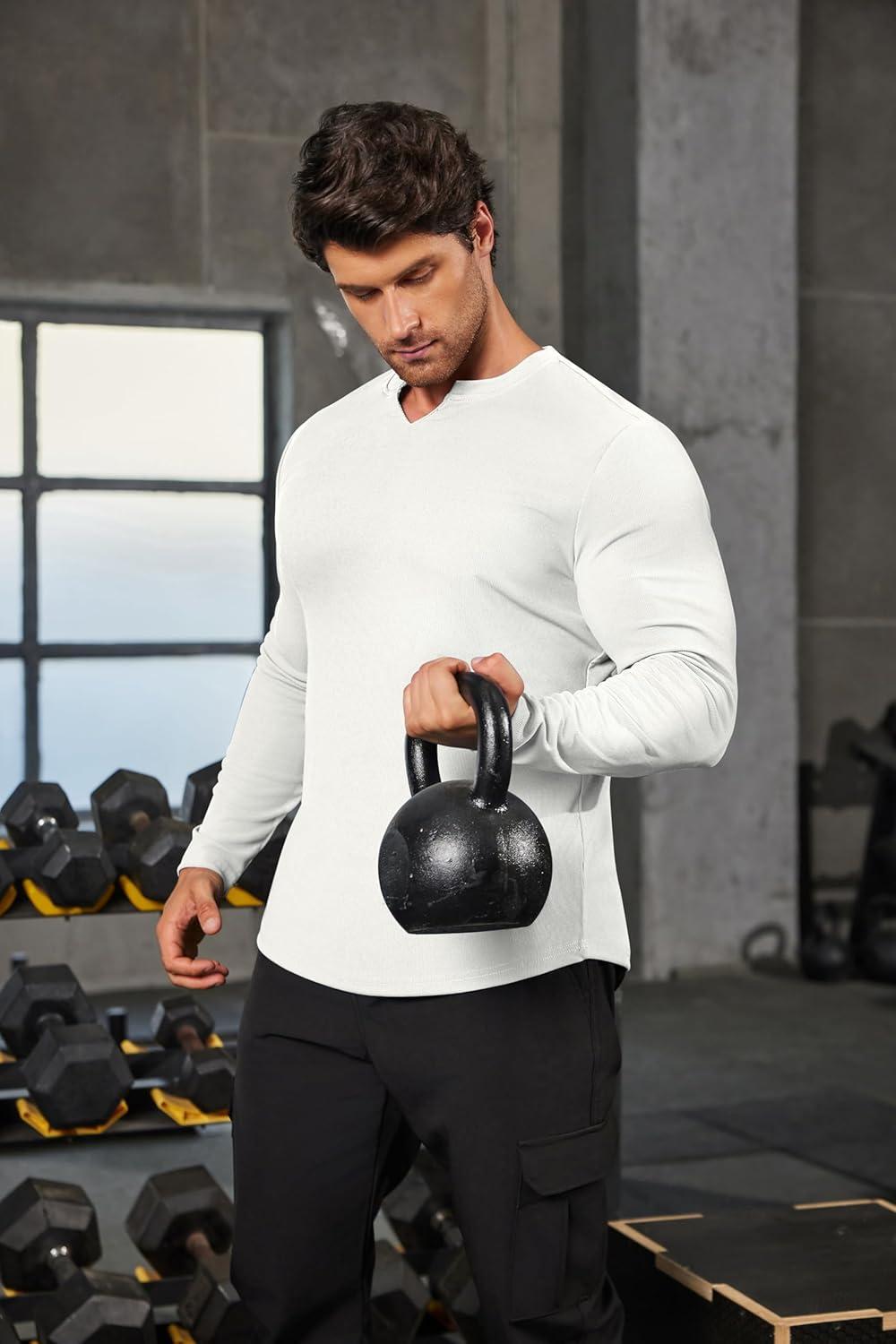 imageCOOFANDY Mens Long Sleeve Muscle T Shirts Casual VNeck Slim Fit Longline Ribbed Shirts Stretch Tee ShirtsAll White