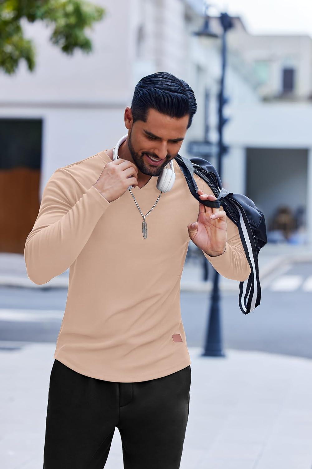 imageCOOFANDY Mens Long Sleeve Muscle T Shirts Casual VNeck Slim Fit Longline Ribbed Shirts Stretch Tee ShirtsBeige