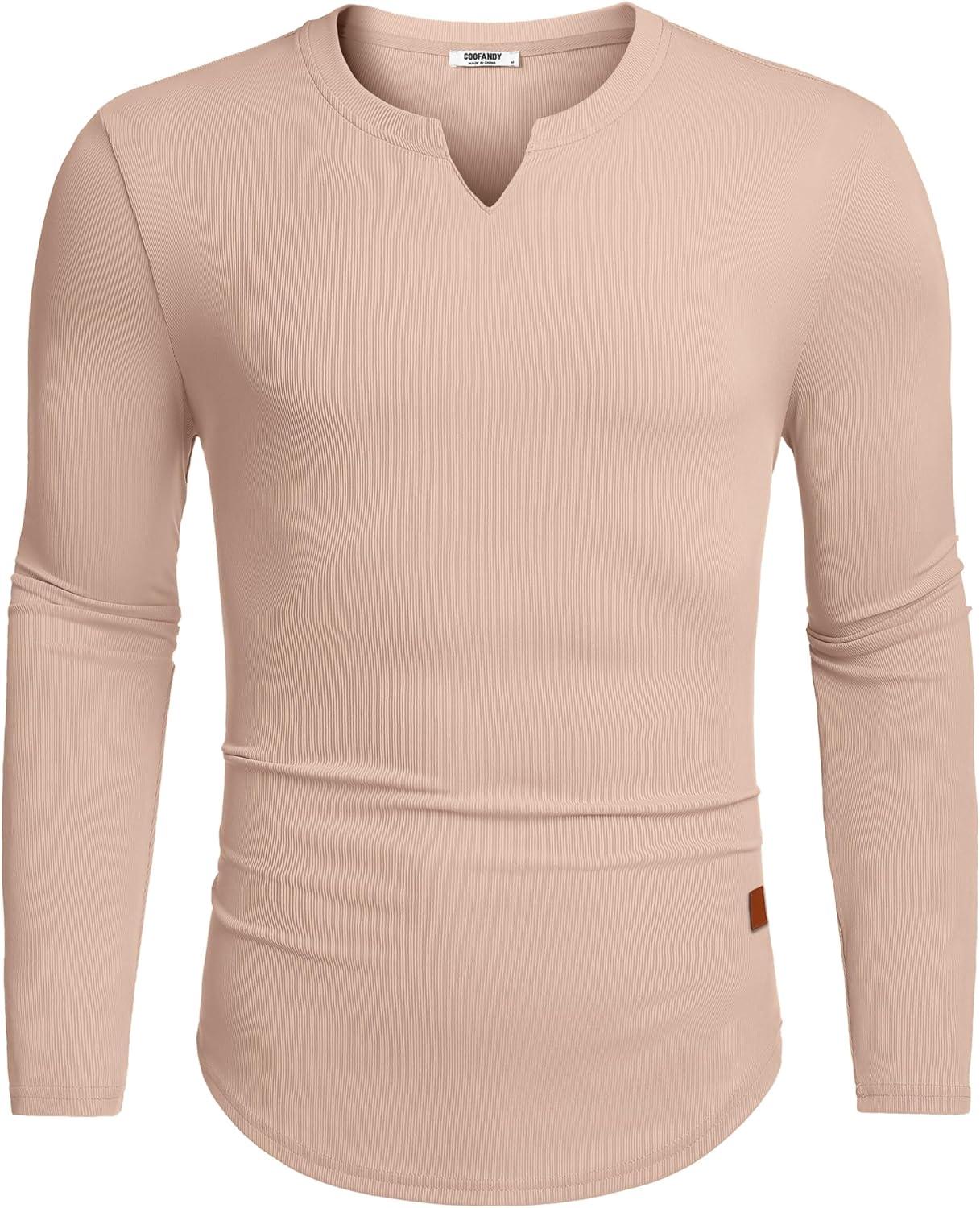 imageCOOFANDY Mens Long Sleeve Muscle T Shirts Casual VNeck Slim Fit Longline Ribbed Shirts Stretch Tee ShirtsBeige