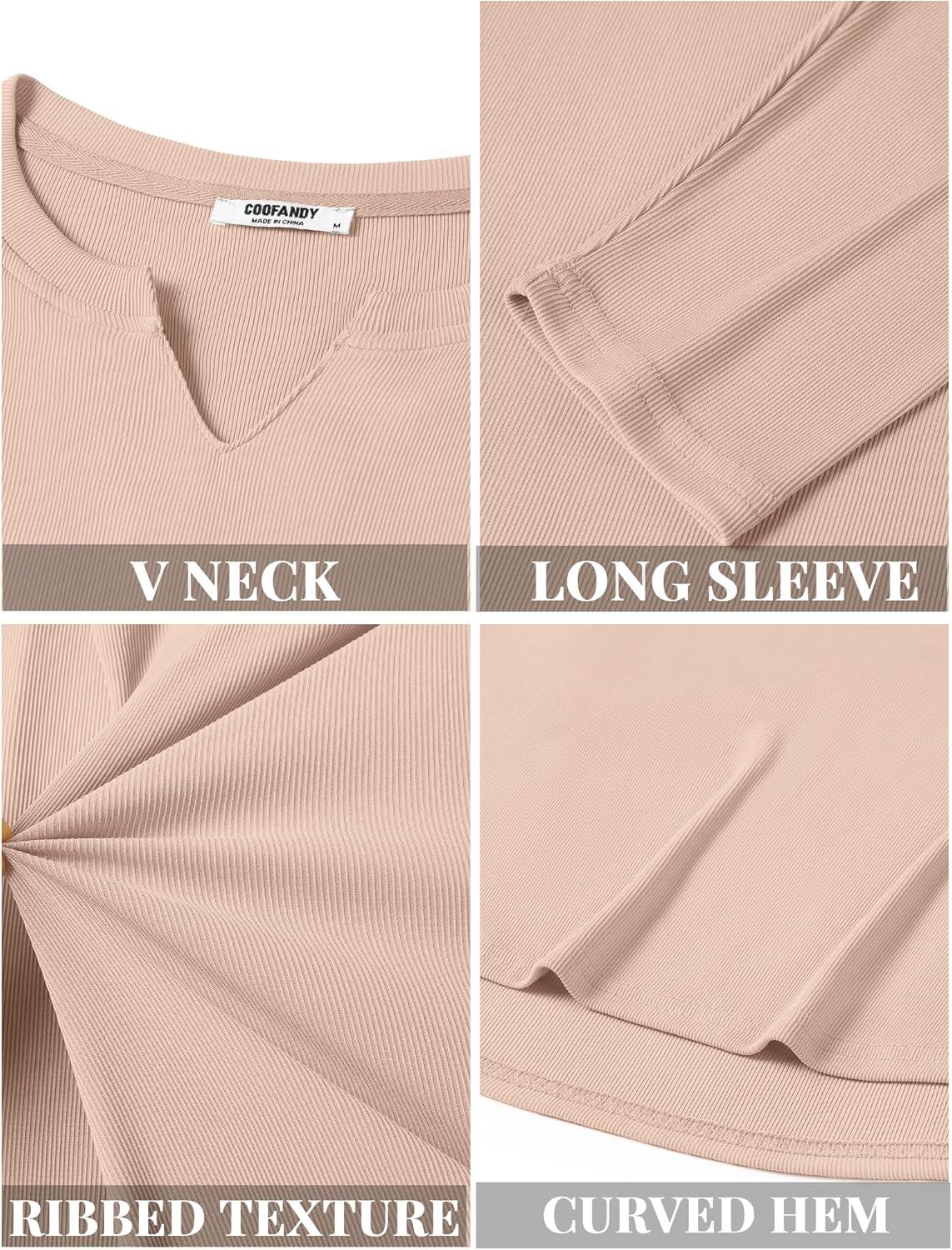 imageCOOFANDY Mens Long Sleeve Muscle T Shirts Casual VNeck Slim Fit Longline Ribbed Shirts Stretch Tee ShirtsBeige