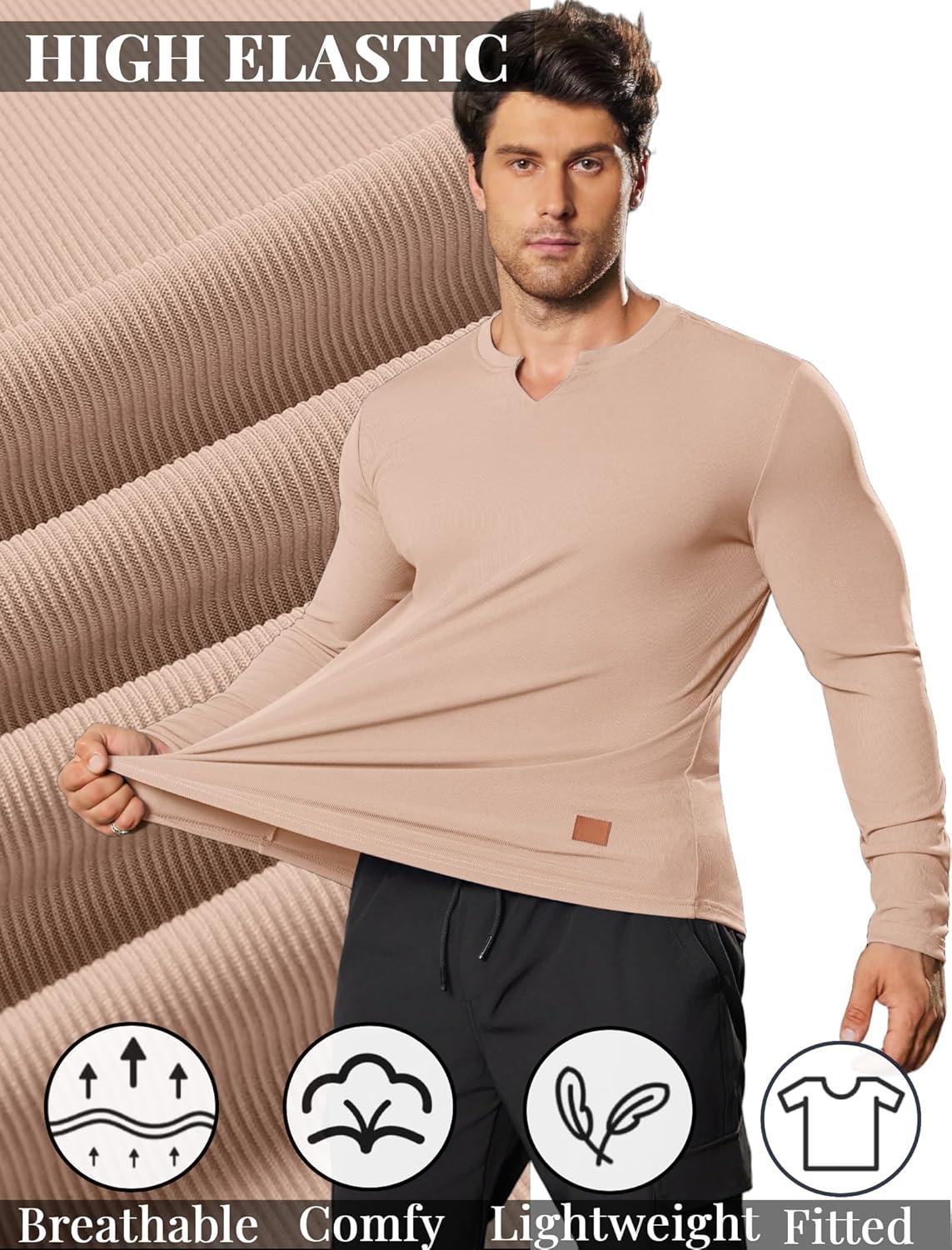 imageCOOFANDY Mens Long Sleeve Muscle T Shirts Casual VNeck Slim Fit Longline Ribbed Shirts Stretch Tee ShirtsBeige