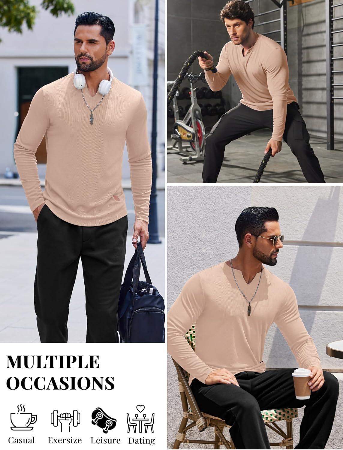 imageCOOFANDY Mens Long Sleeve Muscle T Shirts Casual VNeck Slim Fit Longline Ribbed Shirts Stretch Tee ShirtsBeige