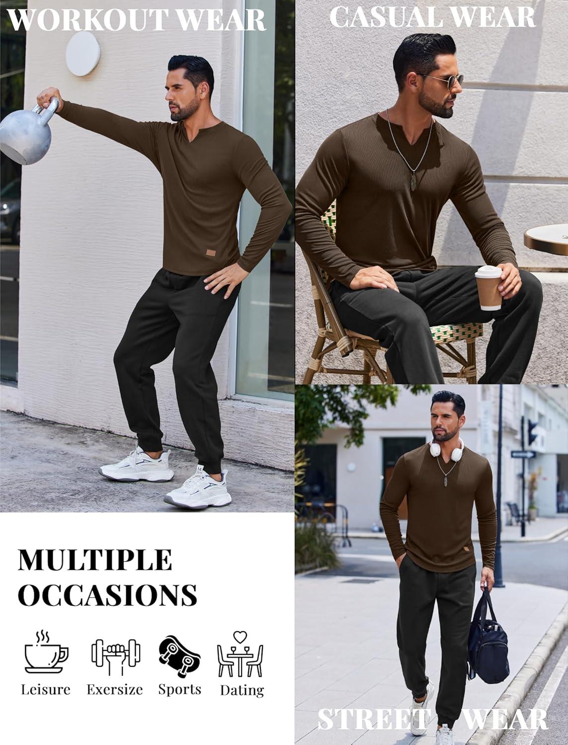 imageCOOFANDY Mens Long Sleeve Muscle T Shirts Casual VNeck Slim Fit Longline Ribbed Shirts Stretch Tee ShirtsBrown