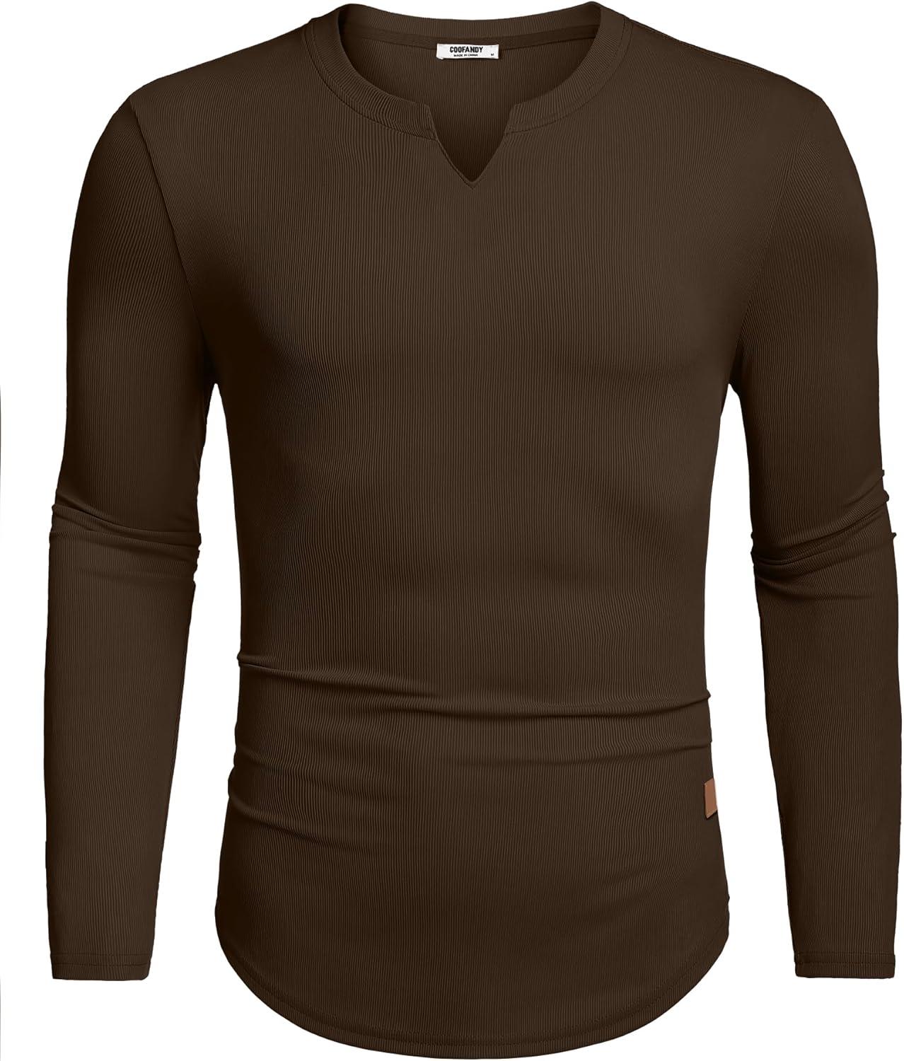 imageCOOFANDY Mens Long Sleeve Muscle T Shirts Casual VNeck Slim Fit Longline Ribbed Shirts Stretch Tee ShirtsBrown