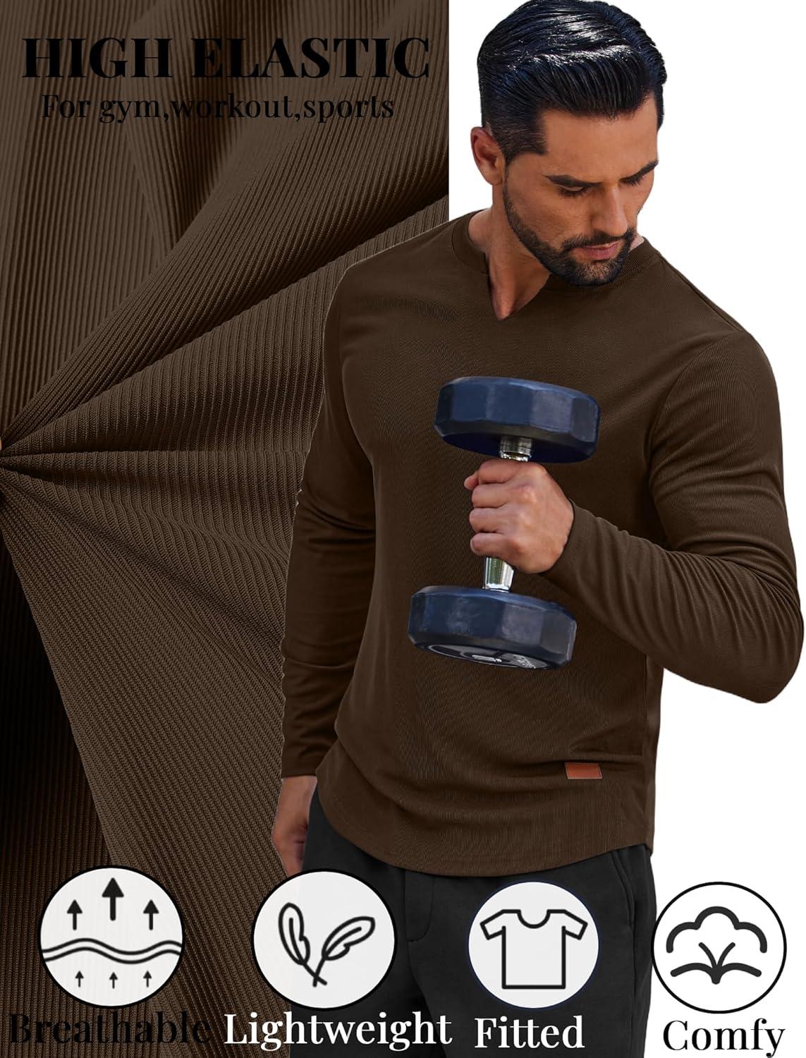 imageCOOFANDY Mens Long Sleeve Muscle T Shirts Casual VNeck Slim Fit Longline Ribbed Shirts Stretch Tee ShirtsBrown