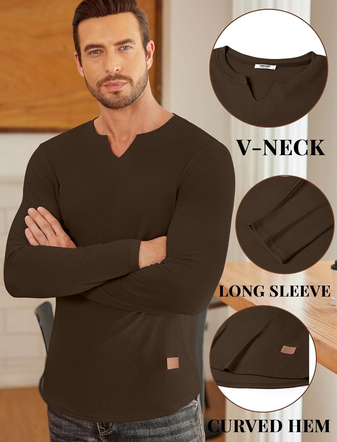 imageCOOFANDY Mens Long Sleeve Muscle T Shirts Casual VNeck Slim Fit Longline Ribbed Shirts Stretch Tee ShirtsBrown