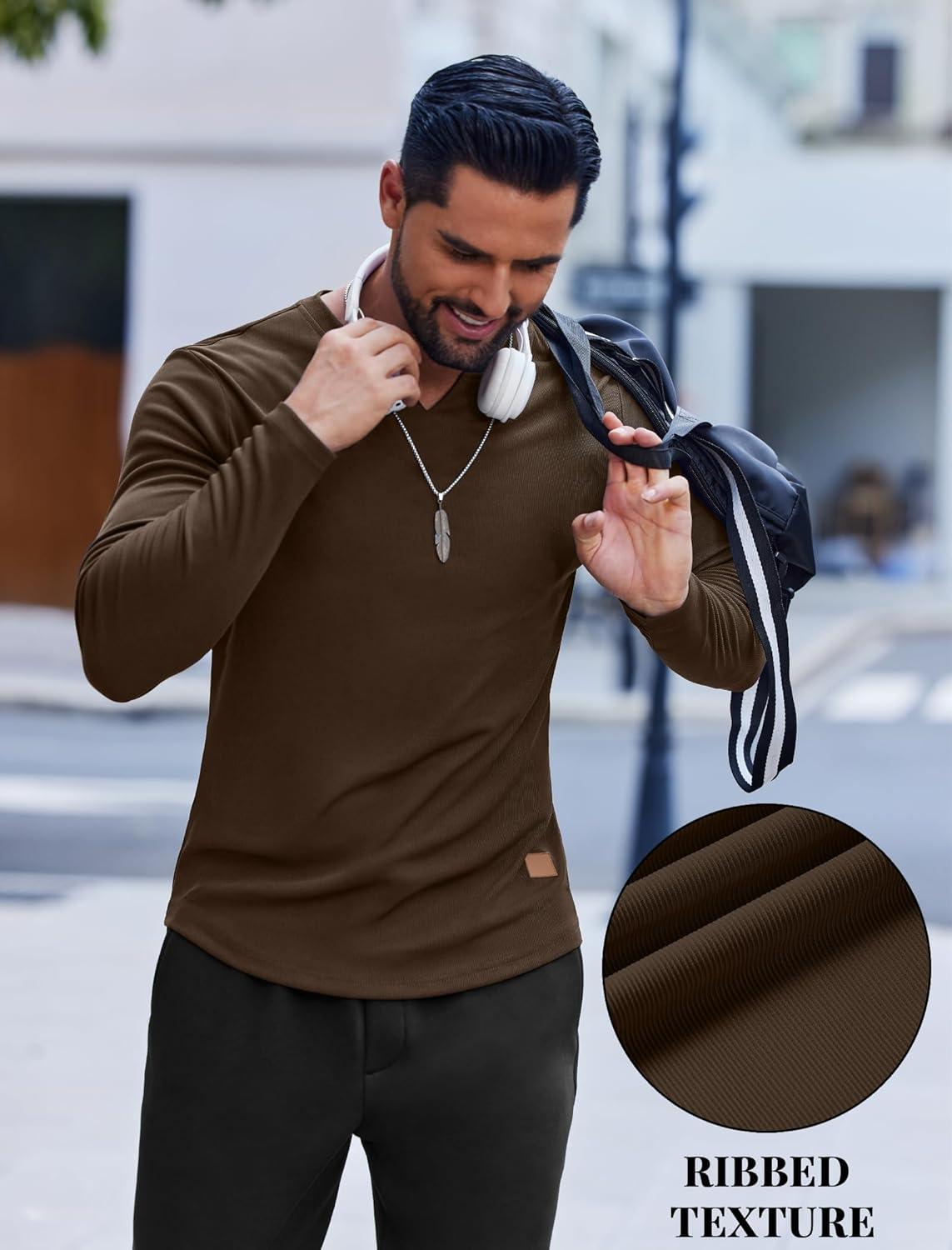 imageCOOFANDY Mens Long Sleeve Muscle T Shirts Casual VNeck Slim Fit Longline Ribbed Shirts Stretch Tee ShirtsBrown
