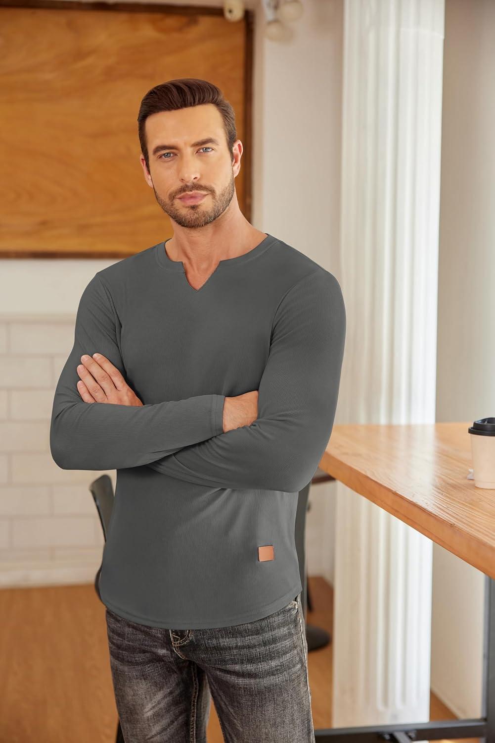 imageCOOFANDY Mens Long Sleeve Muscle T Shirts Casual VNeck Slim Fit Longline Ribbed Shirts Stretch Tee ShirtsDark Grey