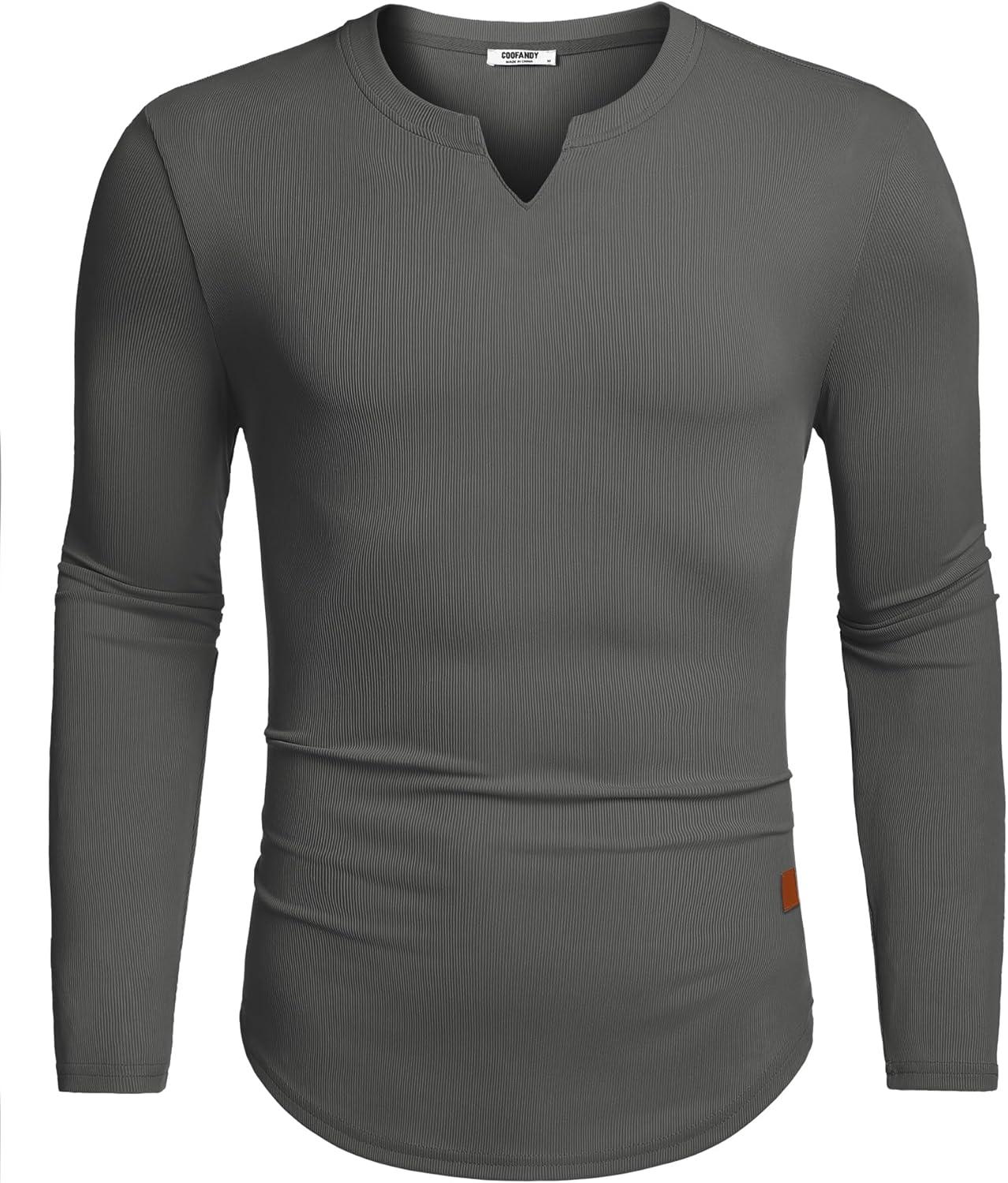 imageCOOFANDY Mens Long Sleeve Muscle T Shirts Casual VNeck Slim Fit Longline Ribbed Shirts Stretch Tee ShirtsDark Grey