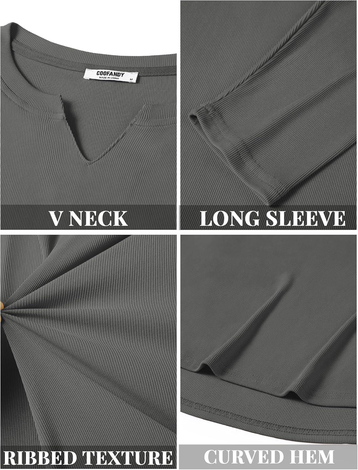 imageCOOFANDY Mens Long Sleeve Muscle T Shirts Casual VNeck Slim Fit Longline Ribbed Shirts Stretch Tee ShirtsDark Grey