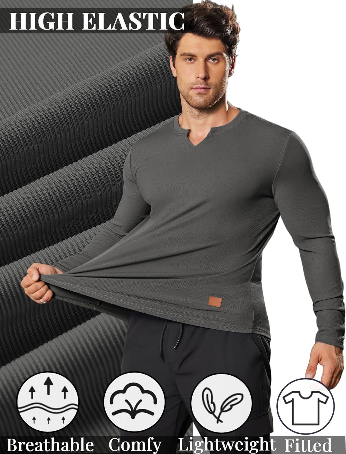imageCOOFANDY Mens Long Sleeve Muscle T Shirts Casual VNeck Slim Fit Longline Ribbed Shirts Stretch Tee ShirtsDark Grey