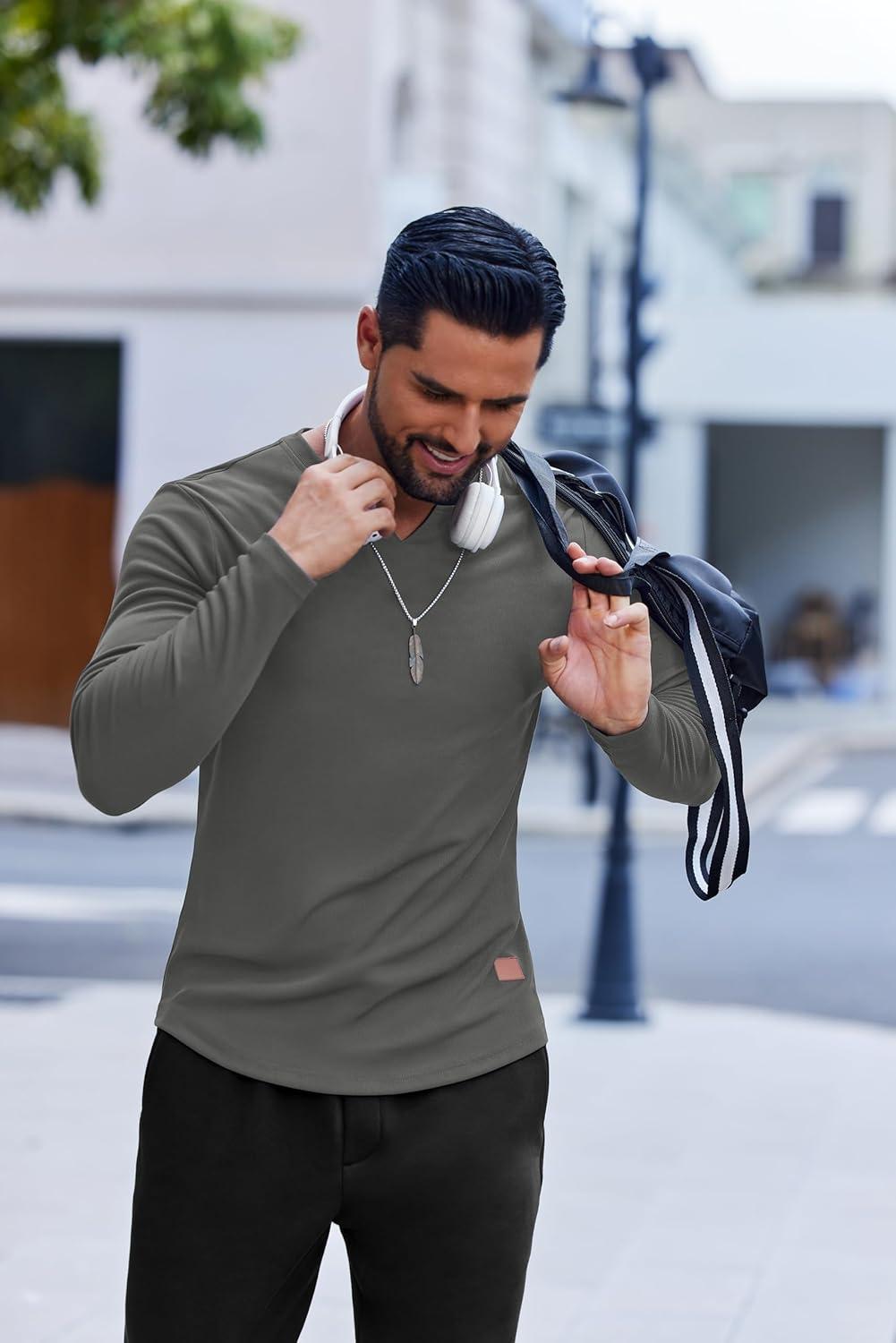 imageCOOFANDY Mens Long Sleeve Muscle T Shirts Casual VNeck Slim Fit Longline Ribbed Shirts Stretch Tee ShirtsDark Grey