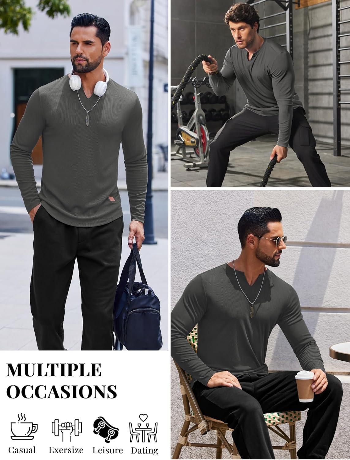 imageCOOFANDY Mens Long Sleeve Muscle T Shirts Casual VNeck Slim Fit Longline Ribbed Shirts Stretch Tee ShirtsDark Grey