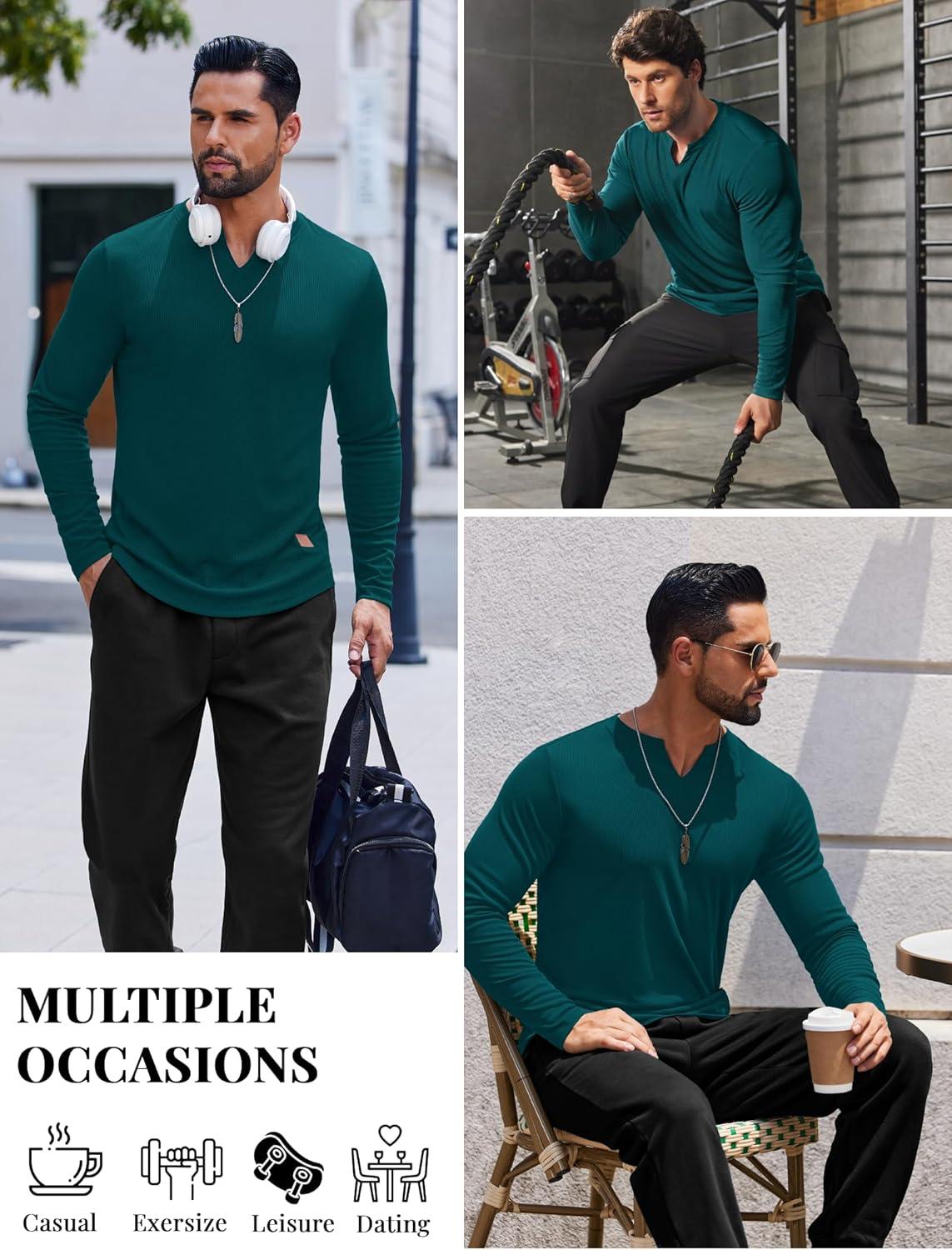 imageCOOFANDY Mens Long Sleeve Muscle T Shirts Casual VNeck Slim Fit Longline Ribbed Shirts Stretch Tee ShirtsGreen