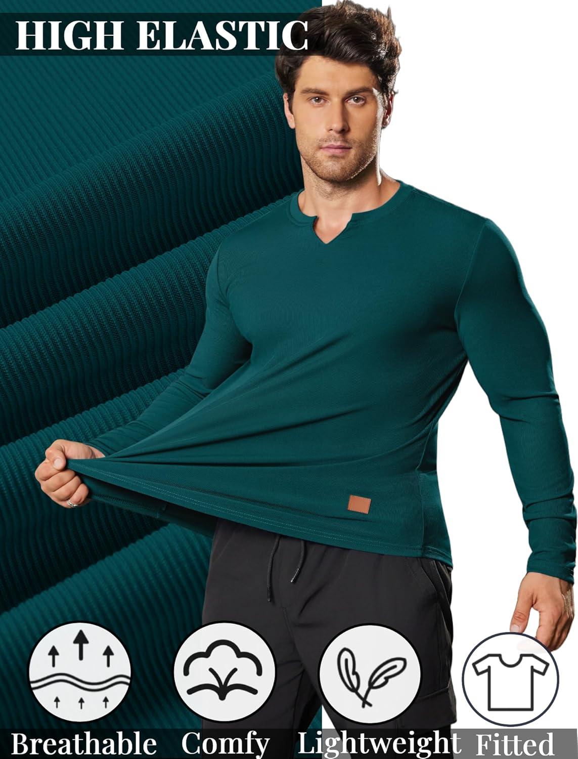 imageCOOFANDY Mens Long Sleeve Muscle T Shirts Casual VNeck Slim Fit Longline Ribbed Shirts Stretch Tee ShirtsGreen