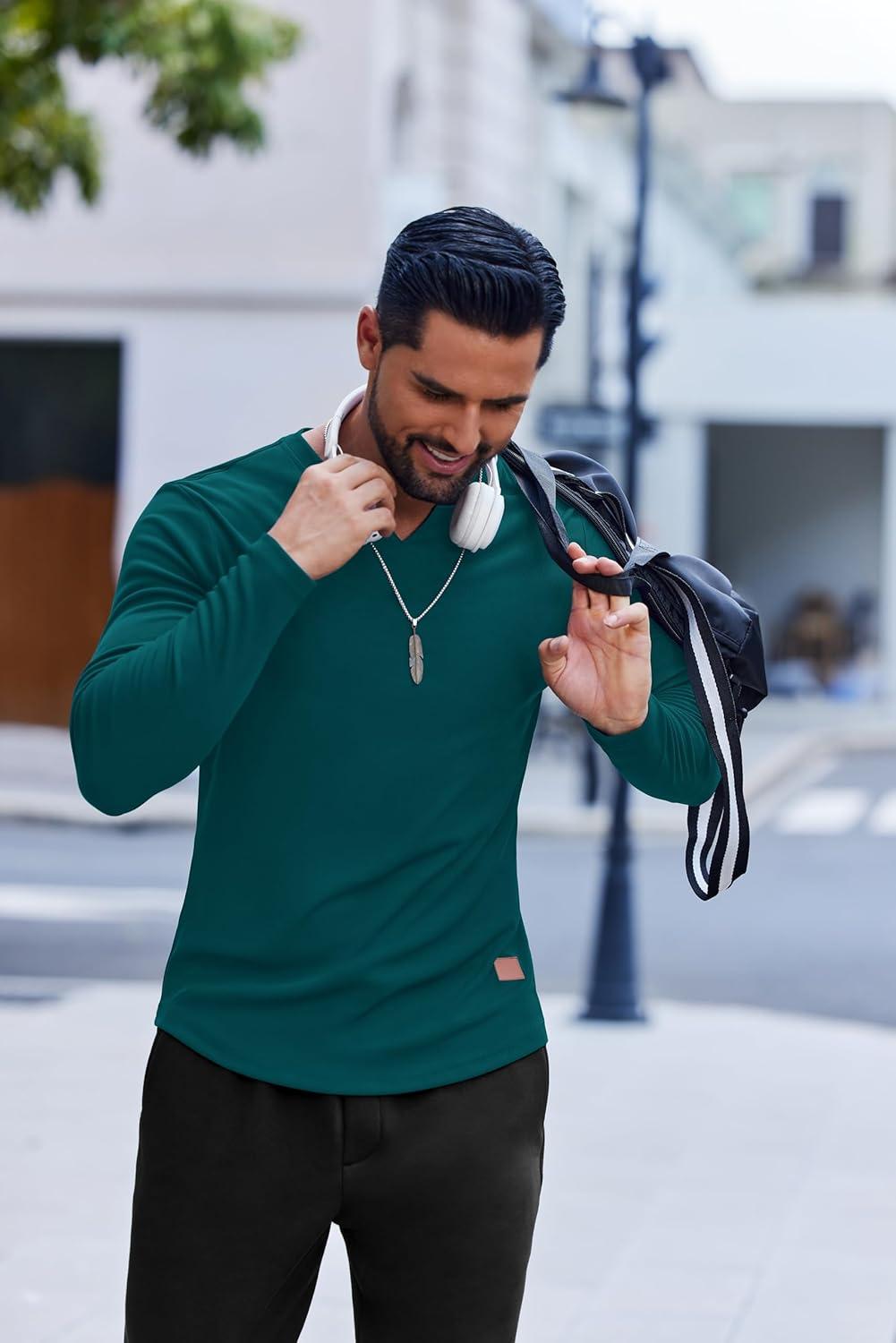 imageCOOFANDY Mens Long Sleeve Muscle T Shirts Casual VNeck Slim Fit Longline Ribbed Shirts Stretch Tee ShirtsGreen