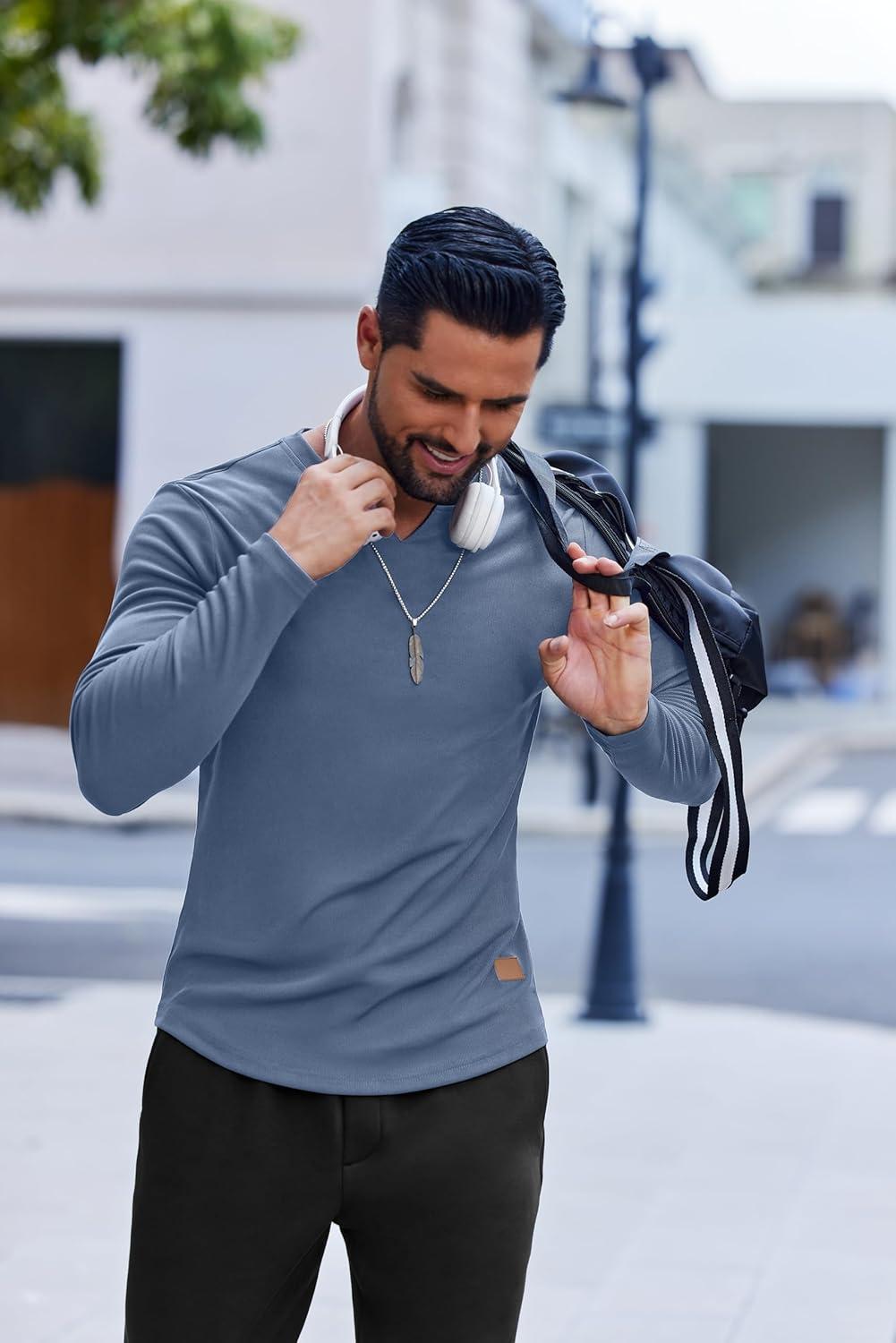 imageCOOFANDY Mens Long Sleeve Muscle T Shirts Casual VNeck Slim Fit Longline Ribbed Shirts Stretch Tee ShirtsGrey Blue