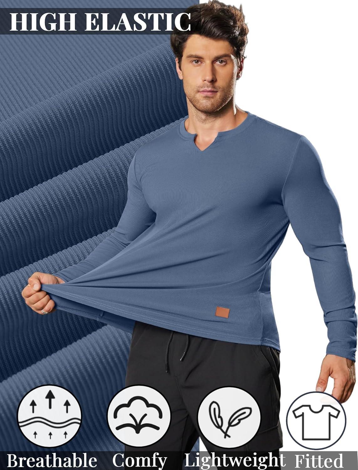 imageCOOFANDY Mens Long Sleeve Muscle T Shirts Casual VNeck Slim Fit Longline Ribbed Shirts Stretch Tee ShirtsGrey Blue