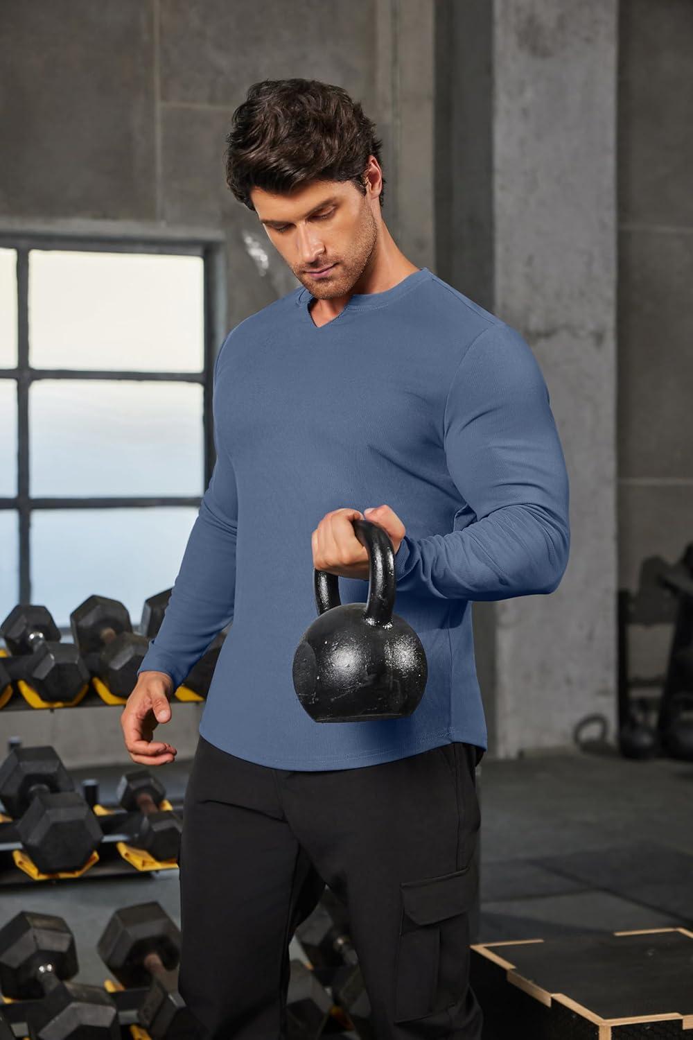 imageCOOFANDY Mens Long Sleeve Muscle T Shirts Casual VNeck Slim Fit Longline Ribbed Shirts Stretch Tee ShirtsGrey Blue