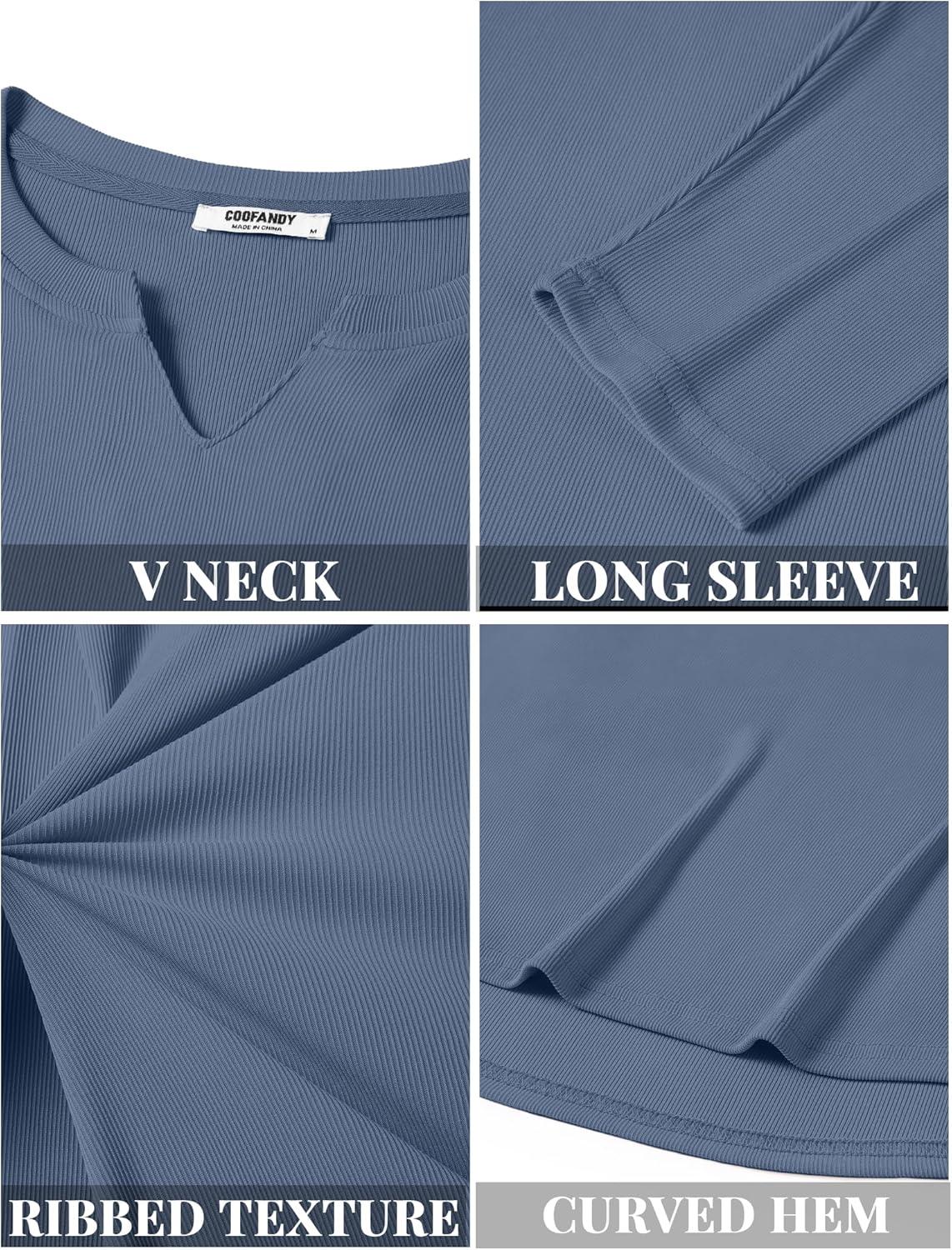 imageCOOFANDY Mens Long Sleeve Muscle T Shirts Casual VNeck Slim Fit Longline Ribbed Shirts Stretch Tee ShirtsGrey Blue